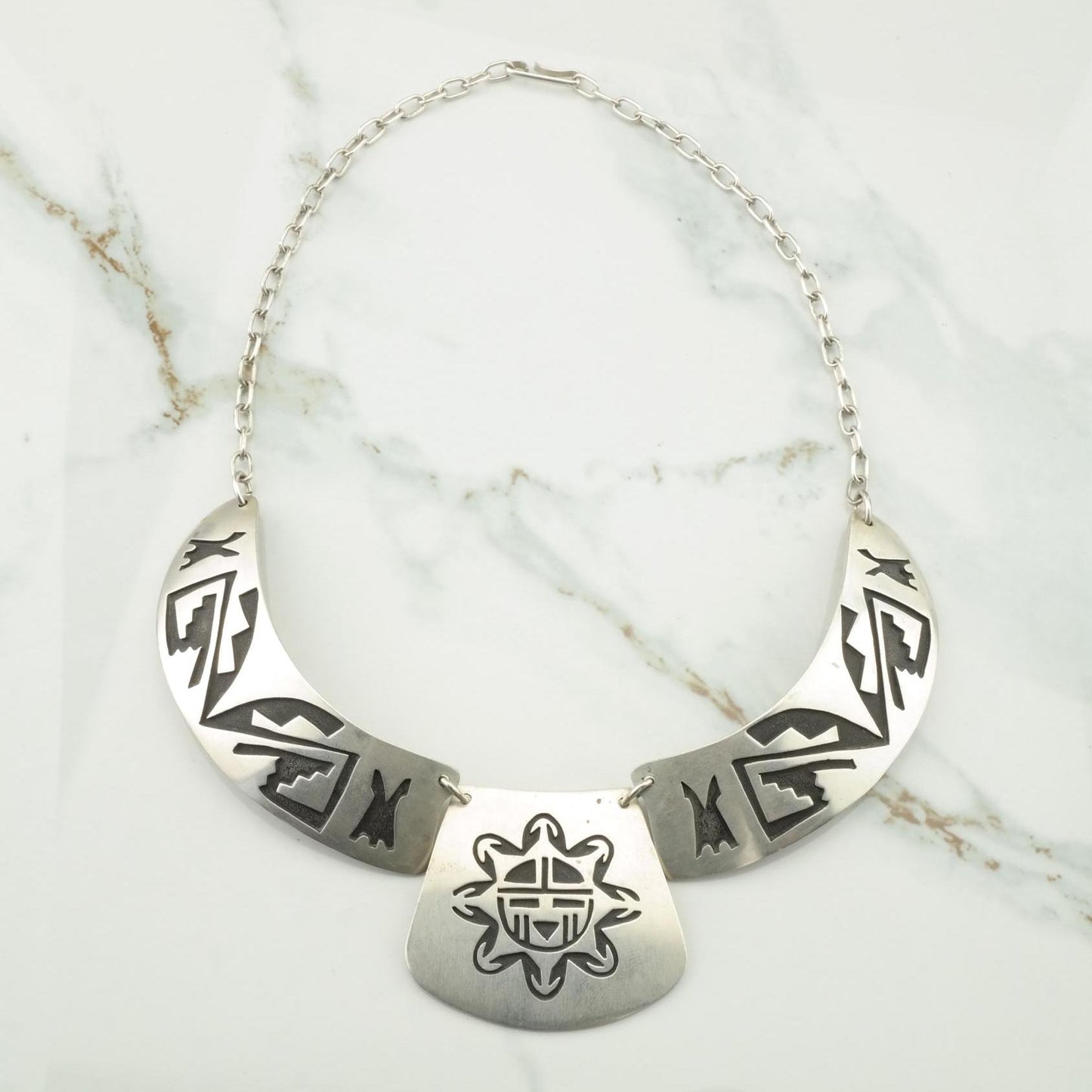Vintage Hopi Sterling Silver Overlay Necklace with Sunface Pendant, Native American, 1980s