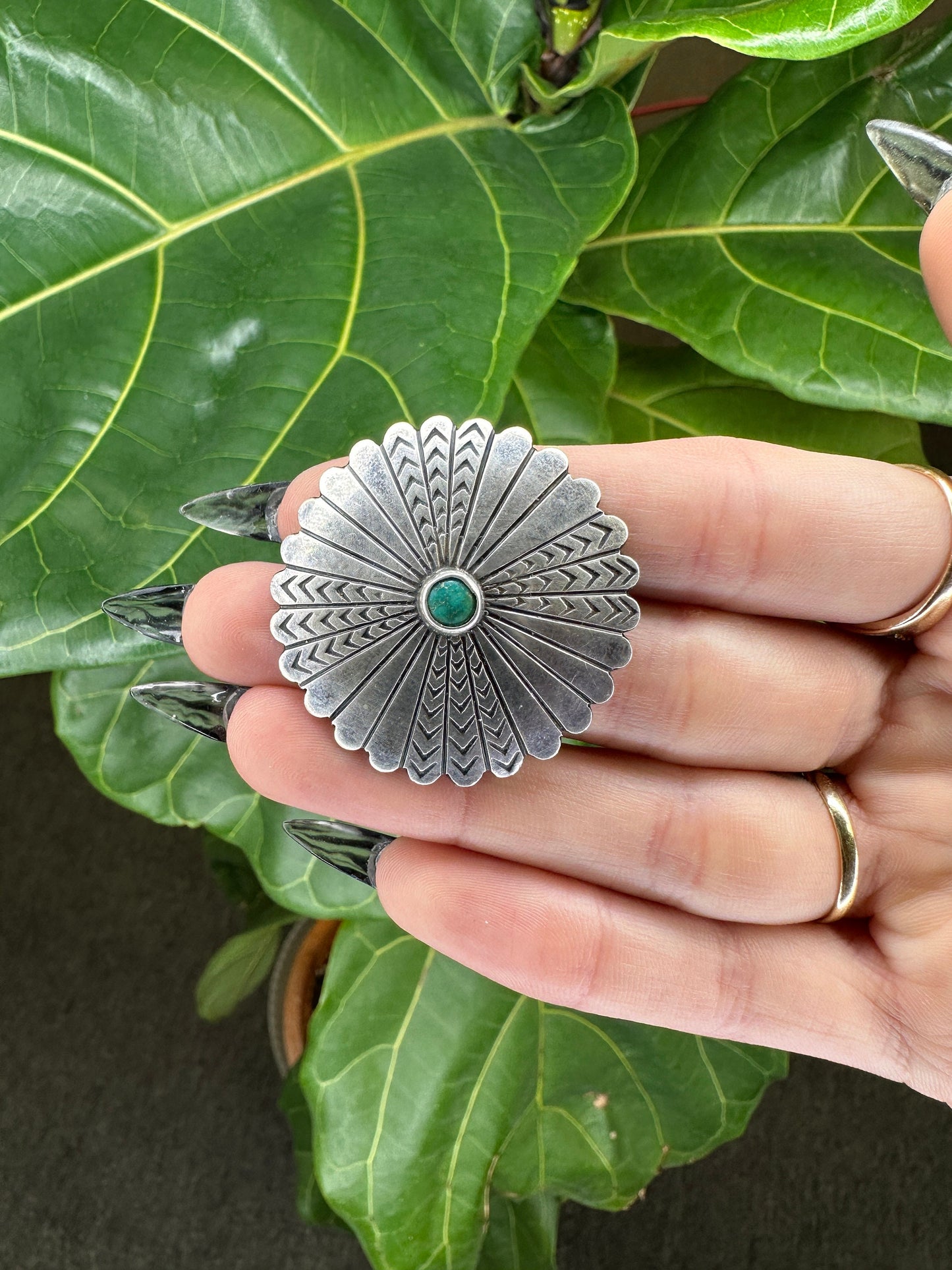 Native American Sterling Silver Brooch Concho Green Turquoise