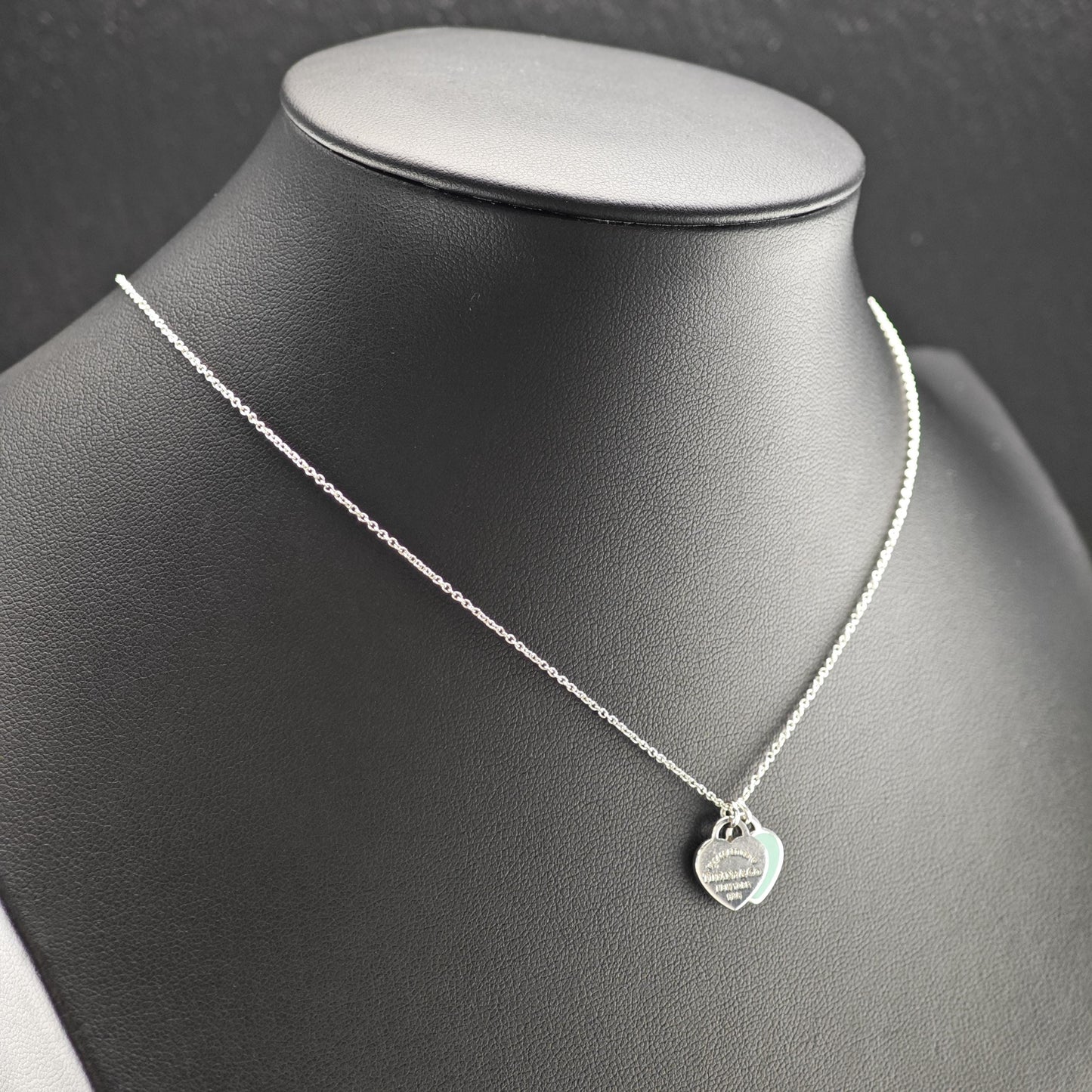 Vintage Tiffany Sterling Silver Teal Double Heart Enamel Necklace