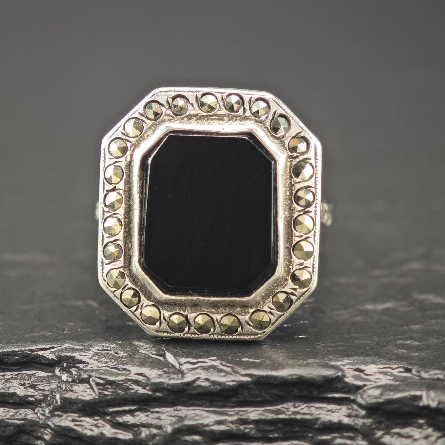 Art Deco Style, Squared Onyx Marcasite Ring Sterling Silver