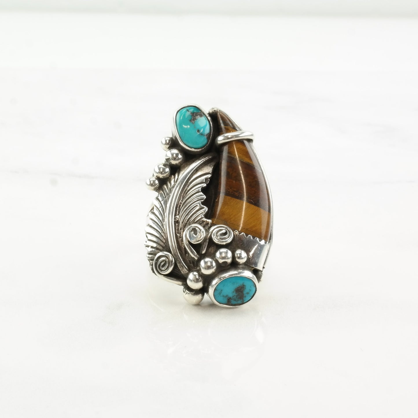 Vintage Native American Silver Ring Turquoise Tiger Eye Leaf Swirl Sterling Size 8 3/4