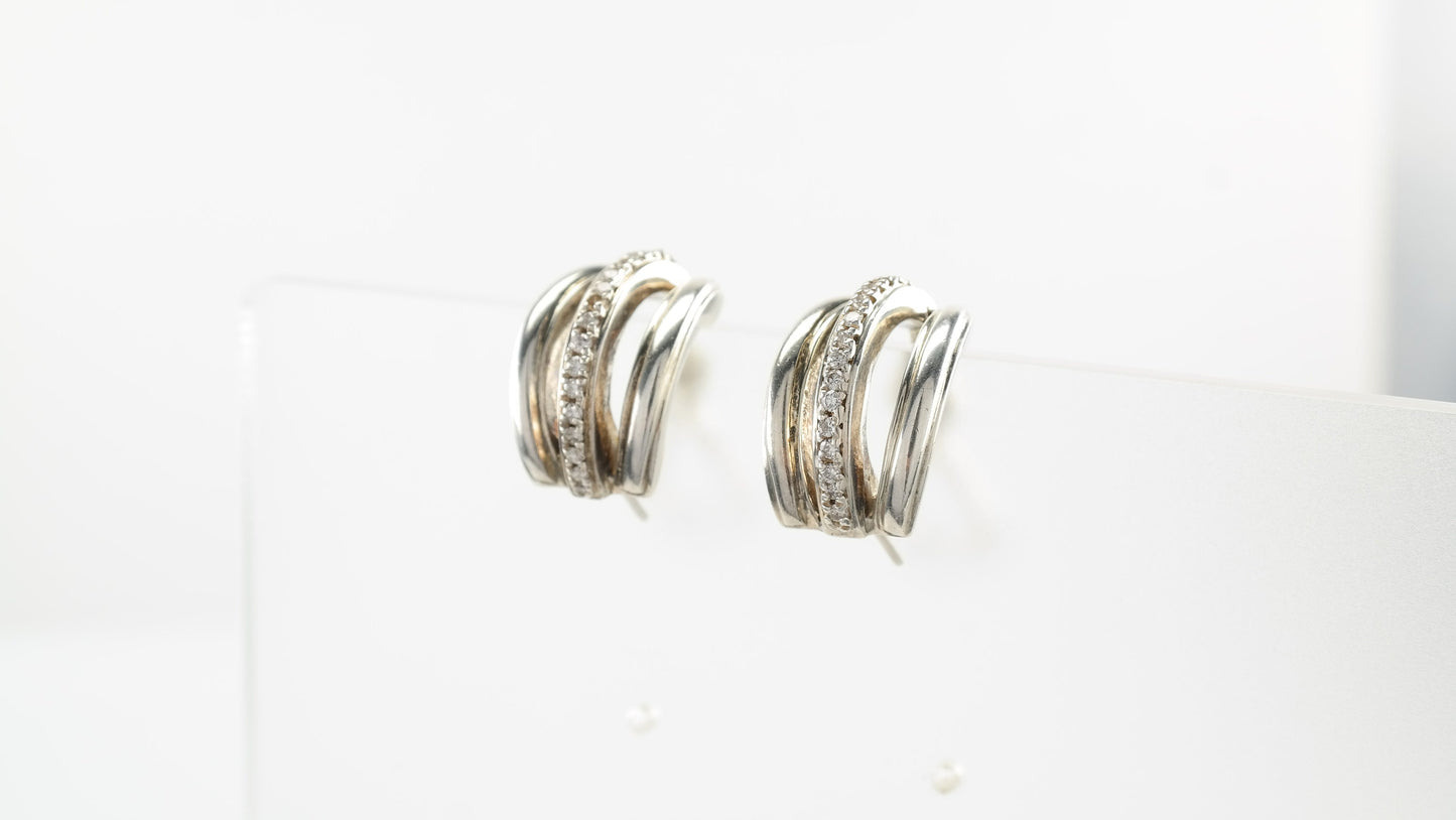 Minimalist Designer Sterling Silver Diamond Earrings French Back