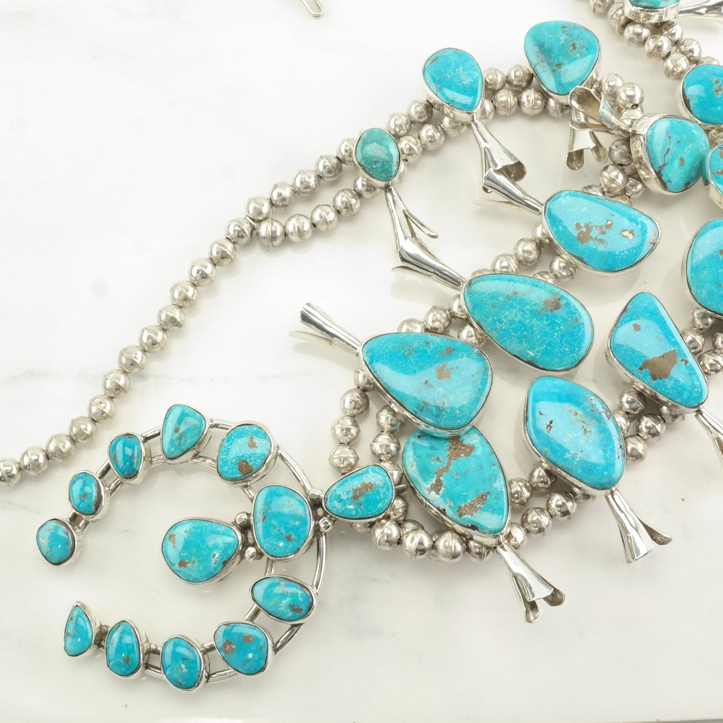 Vintage Squash Blossom Sterling Silver Blue Turquoise Mountain Peak Necklace