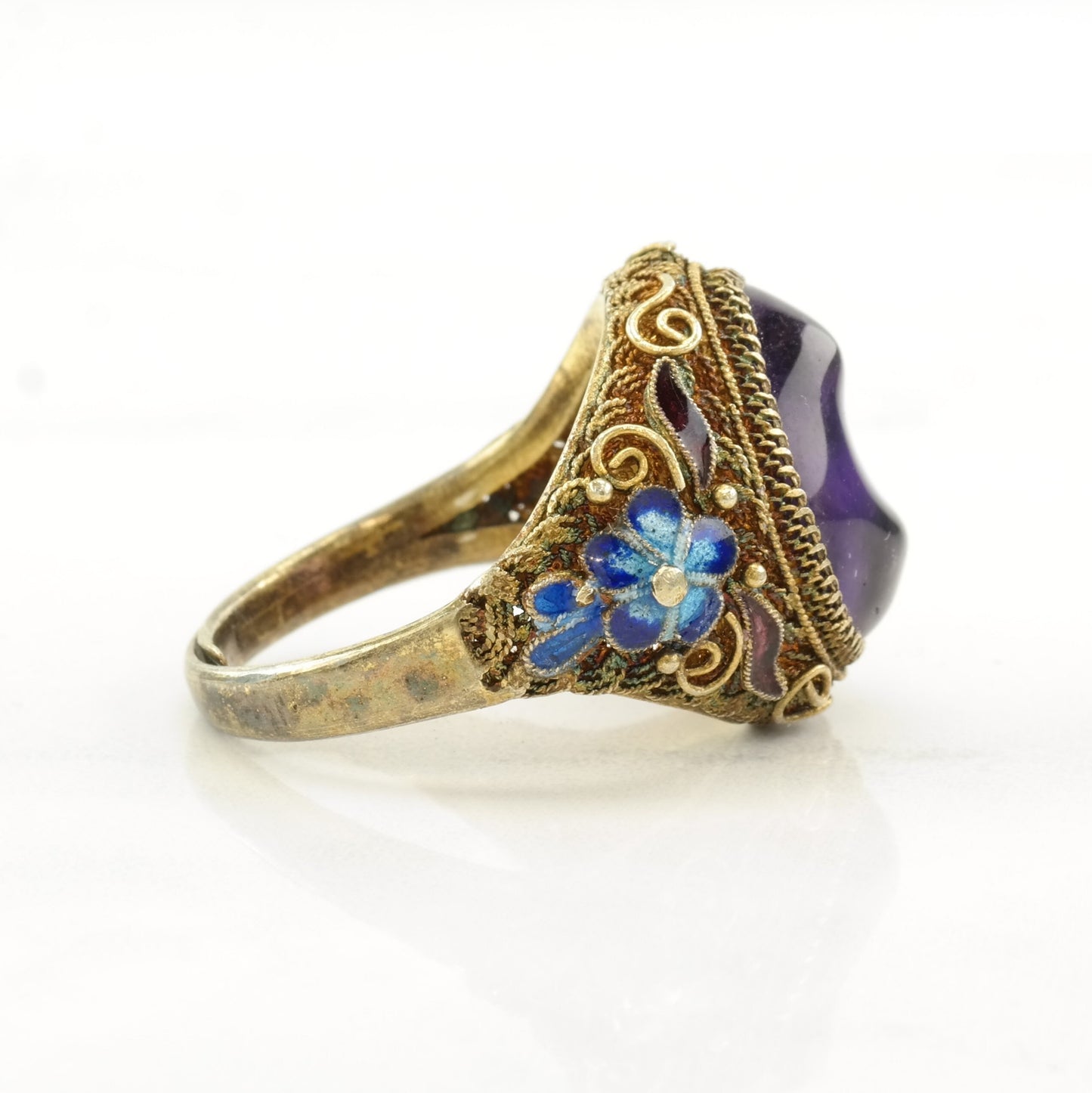 Vintage Sterling Silver Ring Amethyst Enamel, Flower, Gold Tone Size 9 1/2