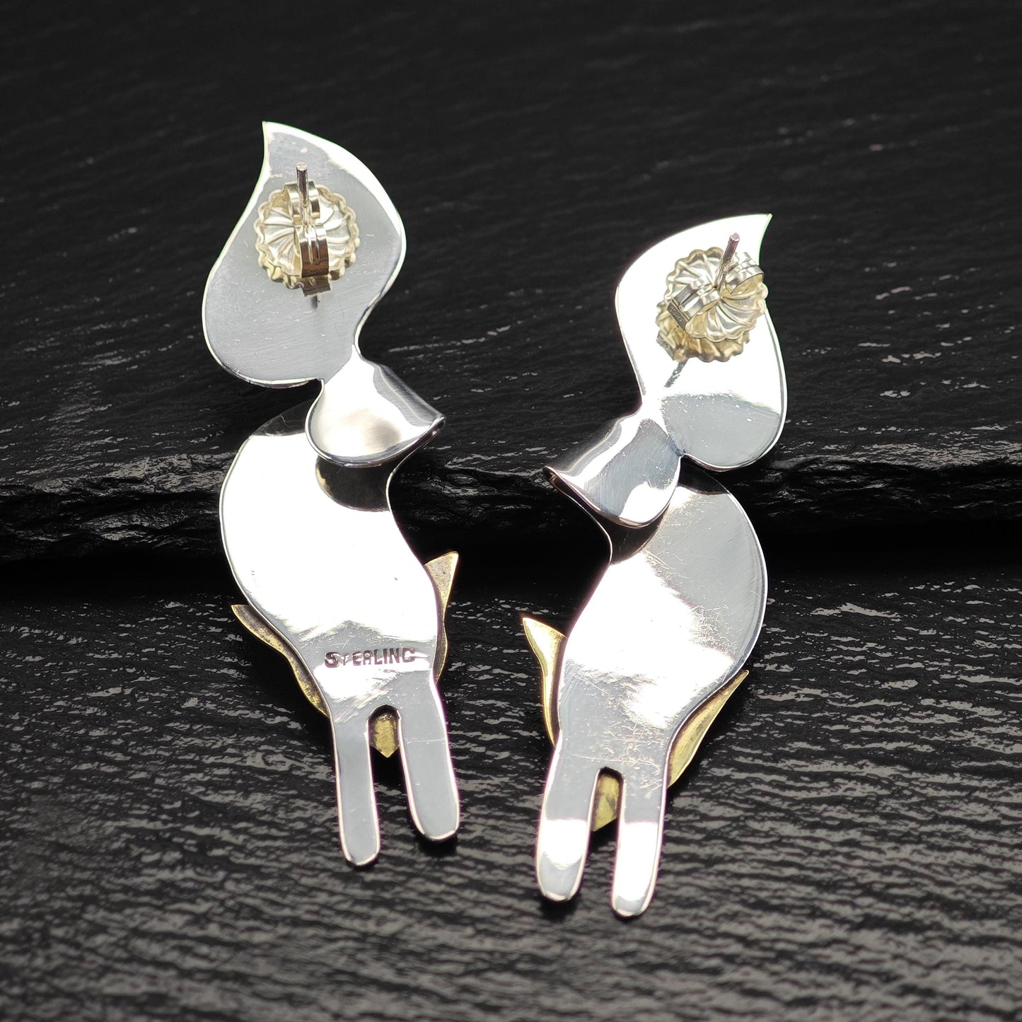 Vintage Gold Tone Fox, Brass Animal Stud Earrings Sterling Silver