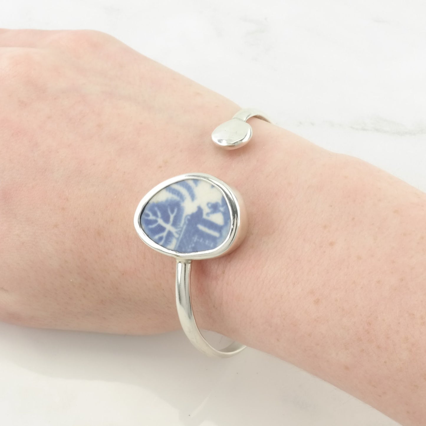 Vintage Sterling Silver Cuff Bracelet Blue, White Porcelain