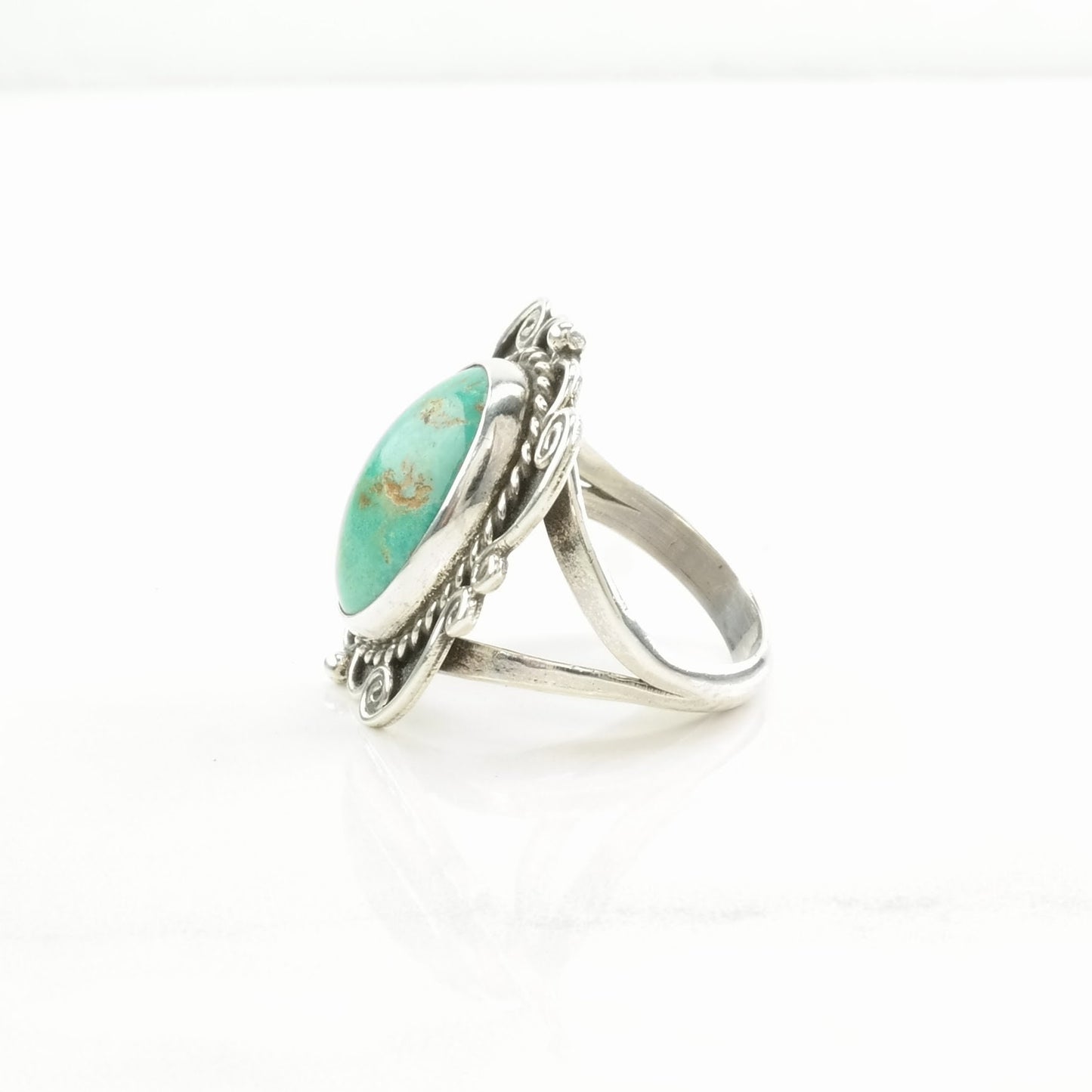 Vintage Southwest Silver Ring Turquoise Scroll Detail Sterling Blue Size 8 1/4