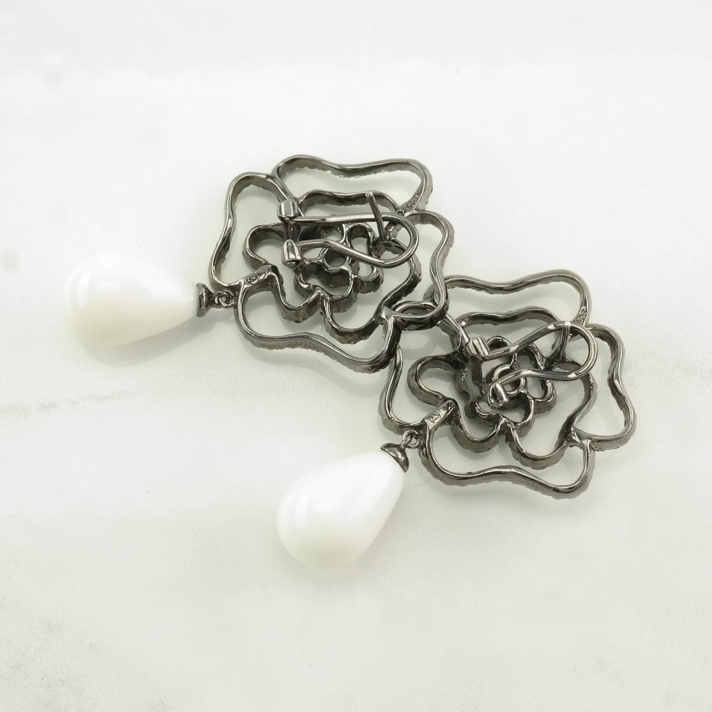 Vintage Sterling Silver Earrings, Green Tsavorite & White Stone Accents, Floral Design, Oxidized Finish