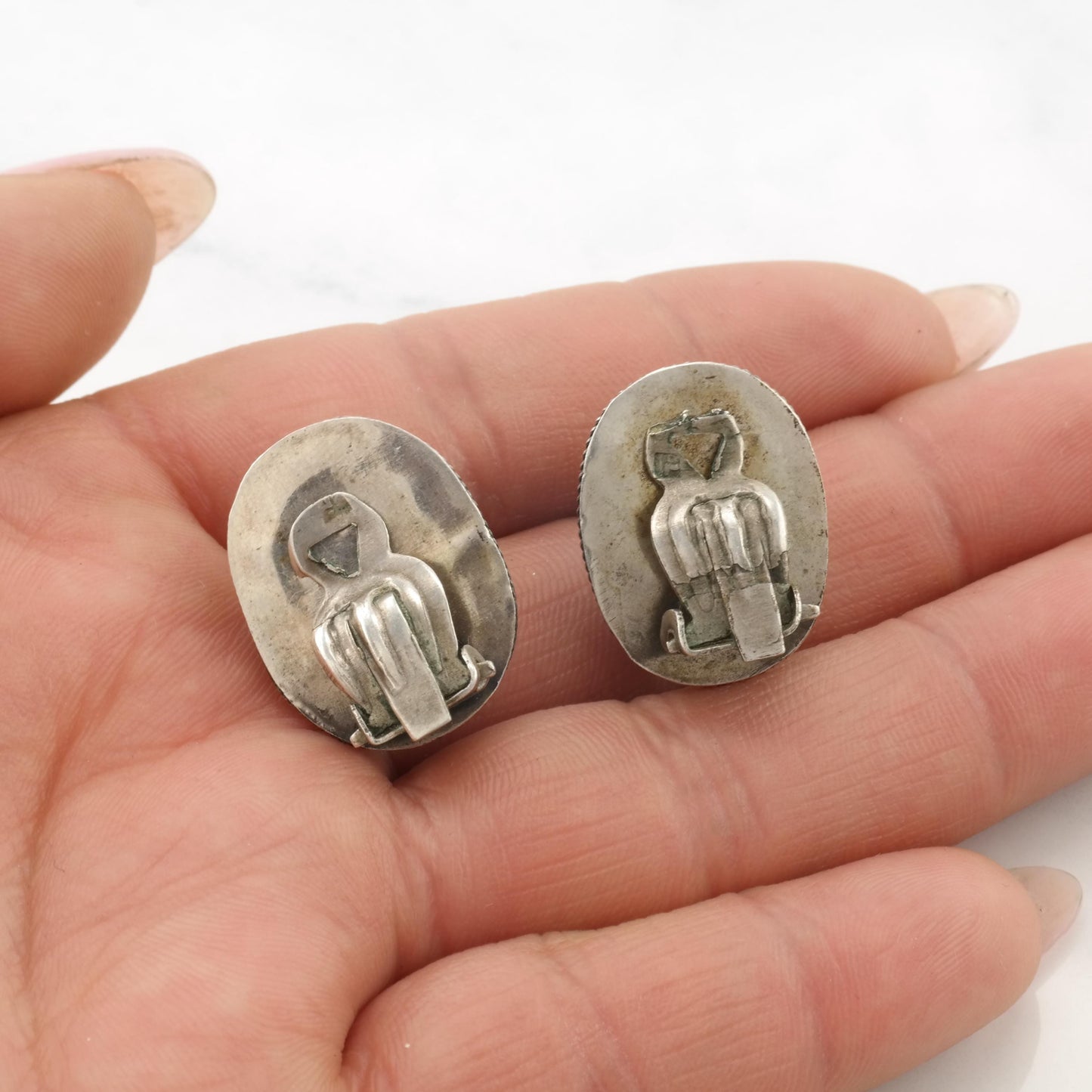 Vintage Egyptian Carved Scarab, Sterling Silver Clip On Earrings