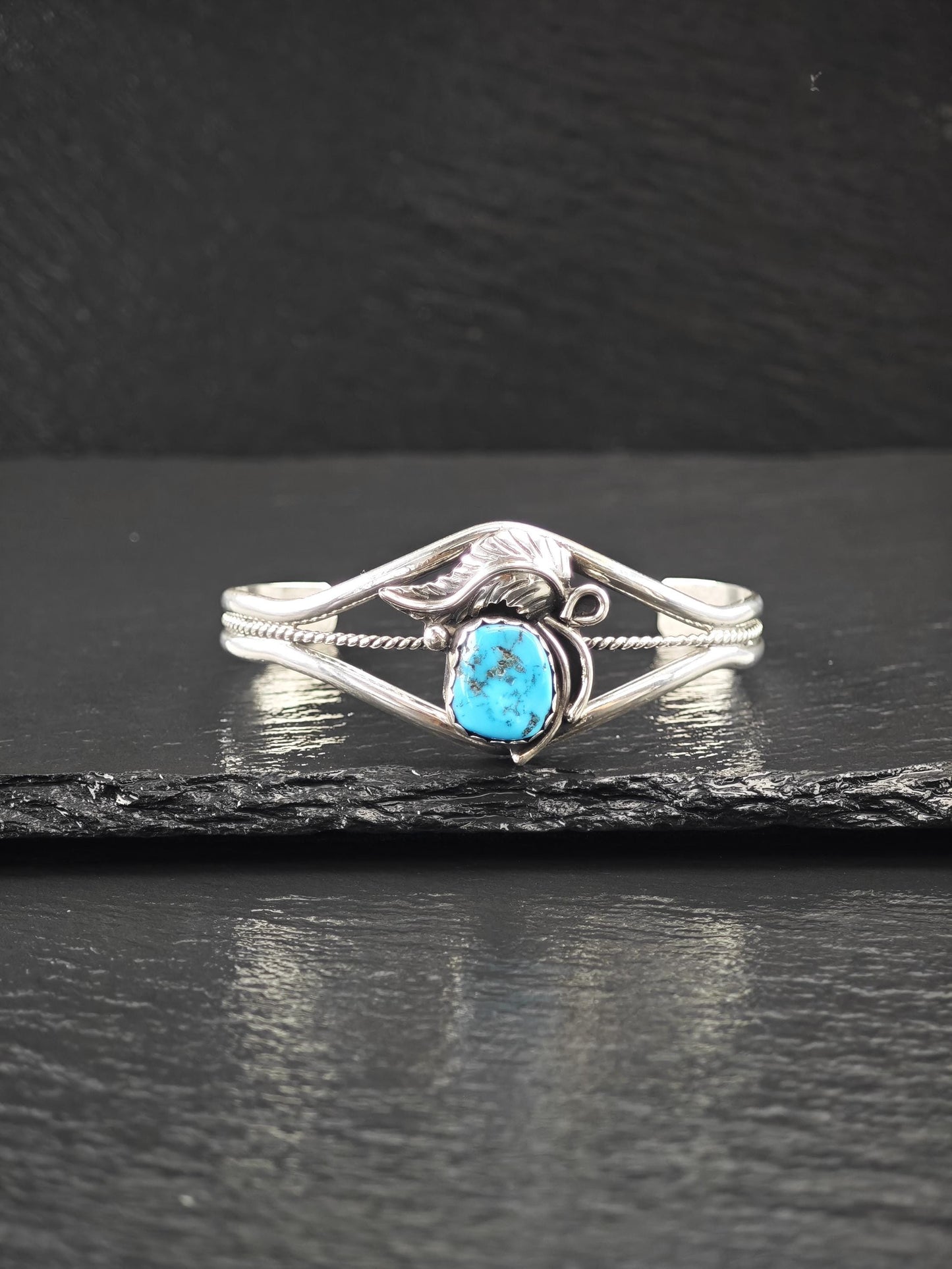 Native American, Turquoise, Floral Cuff Bracelet Sterling Silver