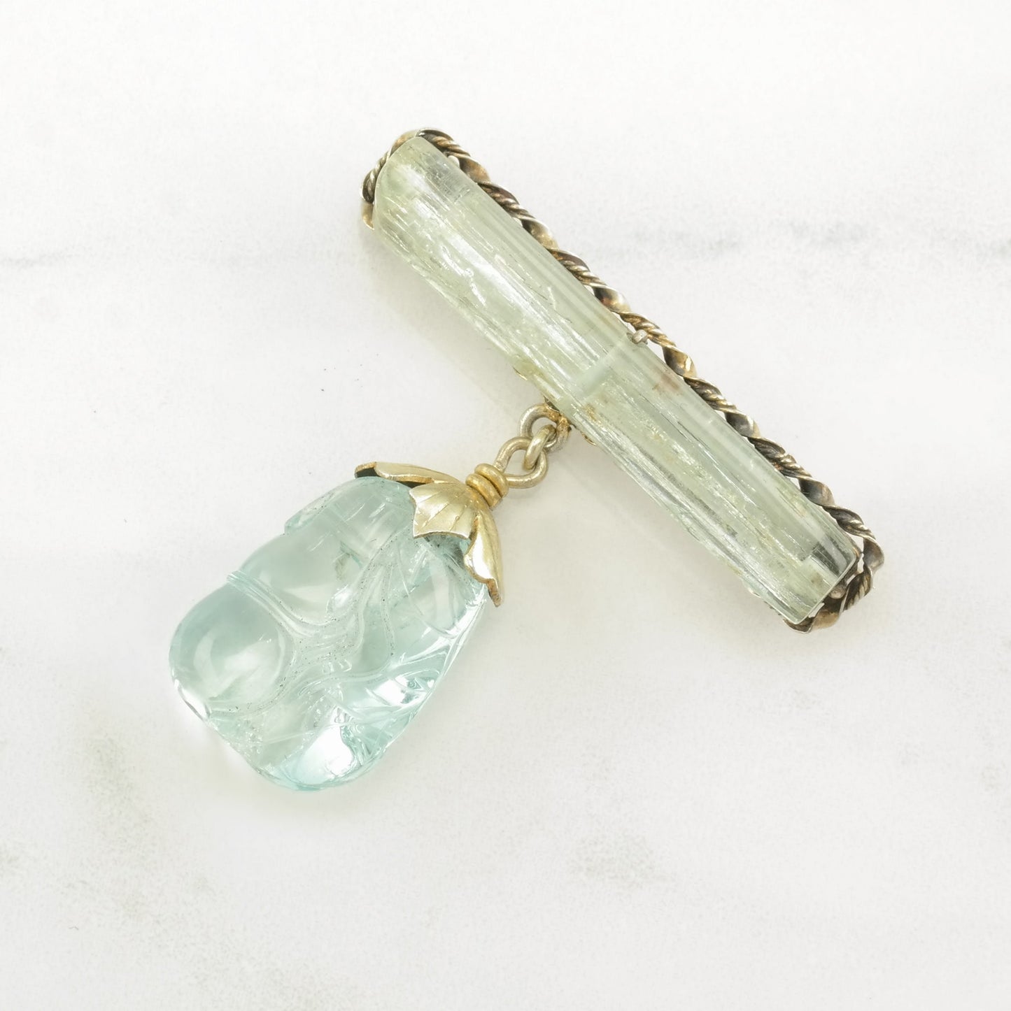 Chinese Export Sterling Silver Brooch Gold Hue Carved, Aquamarine B1752