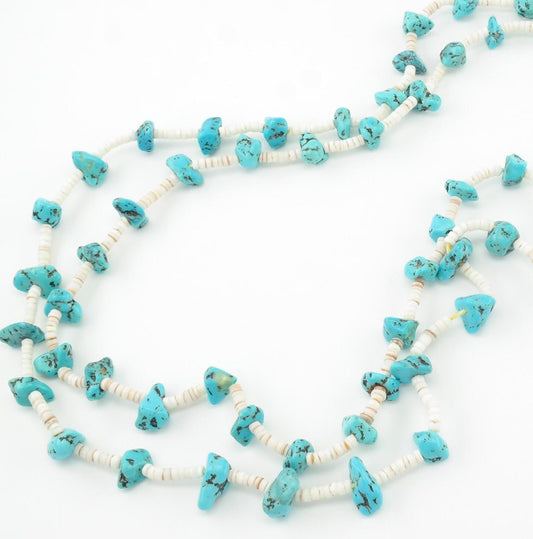Vintage Southwest Turquoise, Coral, Shell, Two Strand, Heishi Sterling Silver Bead Necklace