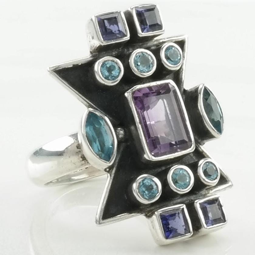 Vintage Nicky Butler Silver Ring Amethyst, Topaz Cluster, Geometric Sterling Blue, Purple Size 7