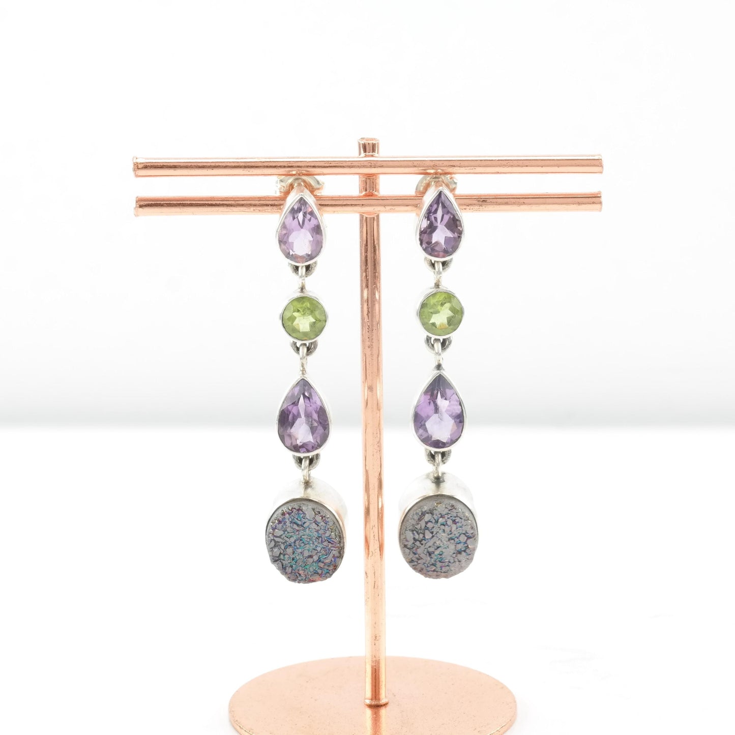 Vintage Nicky Butler Sterling Silver Stud Dangle Earrings Amethyst, Peridot Druzy