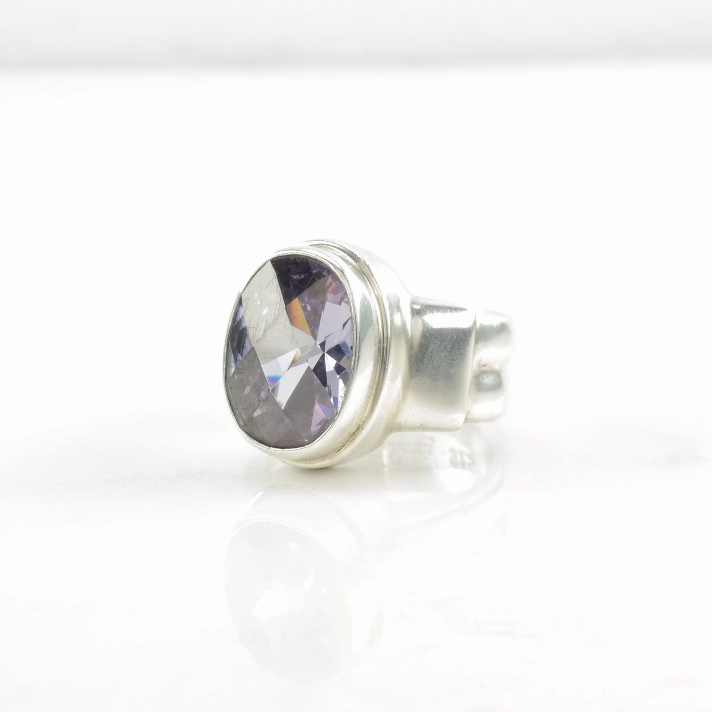 Vintage Sterling Silver Ring Purple CZ Wide Band Purple Size 5 1/2