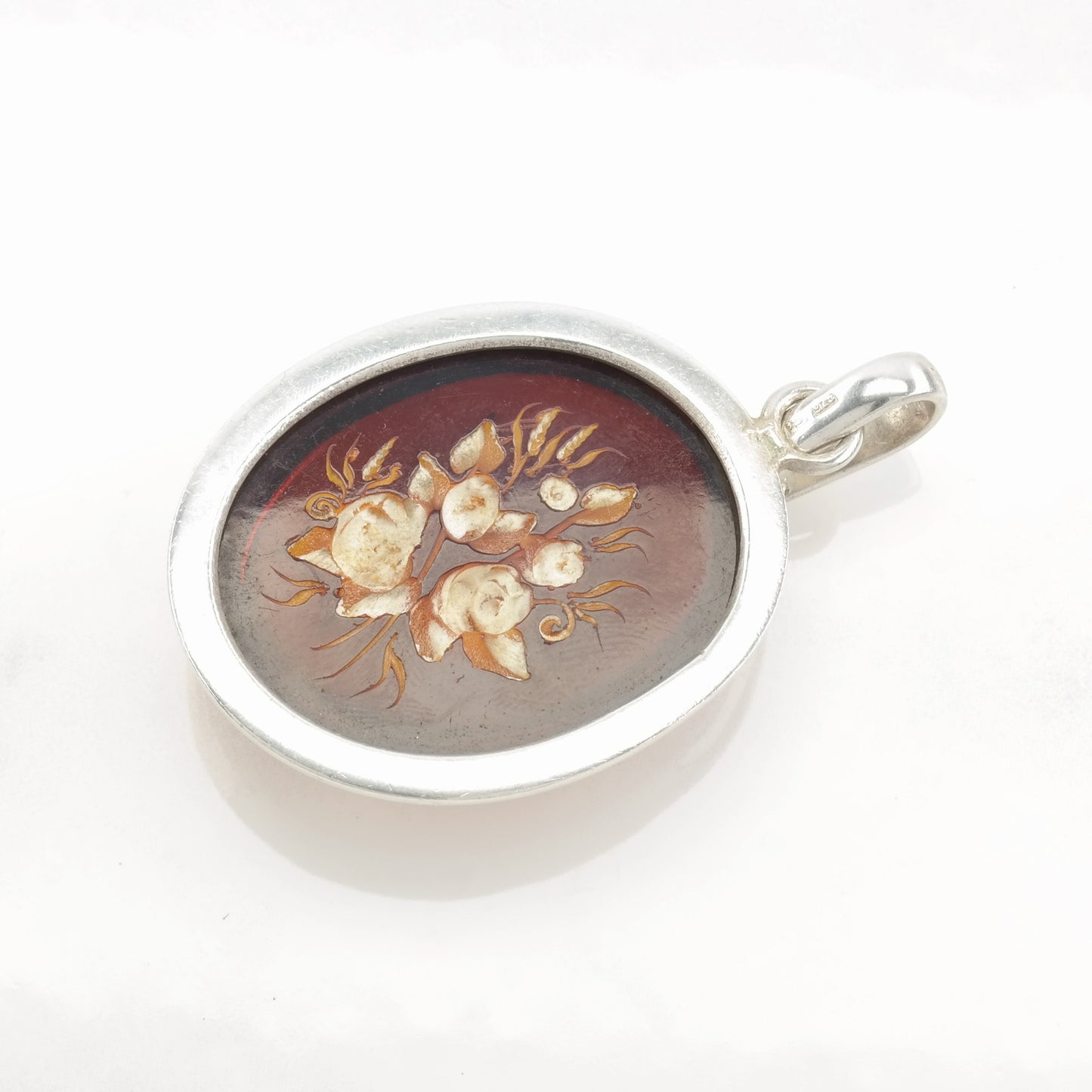 Vintage European Amber, Carved Flower, Intaglio Sterling Silver Pendant