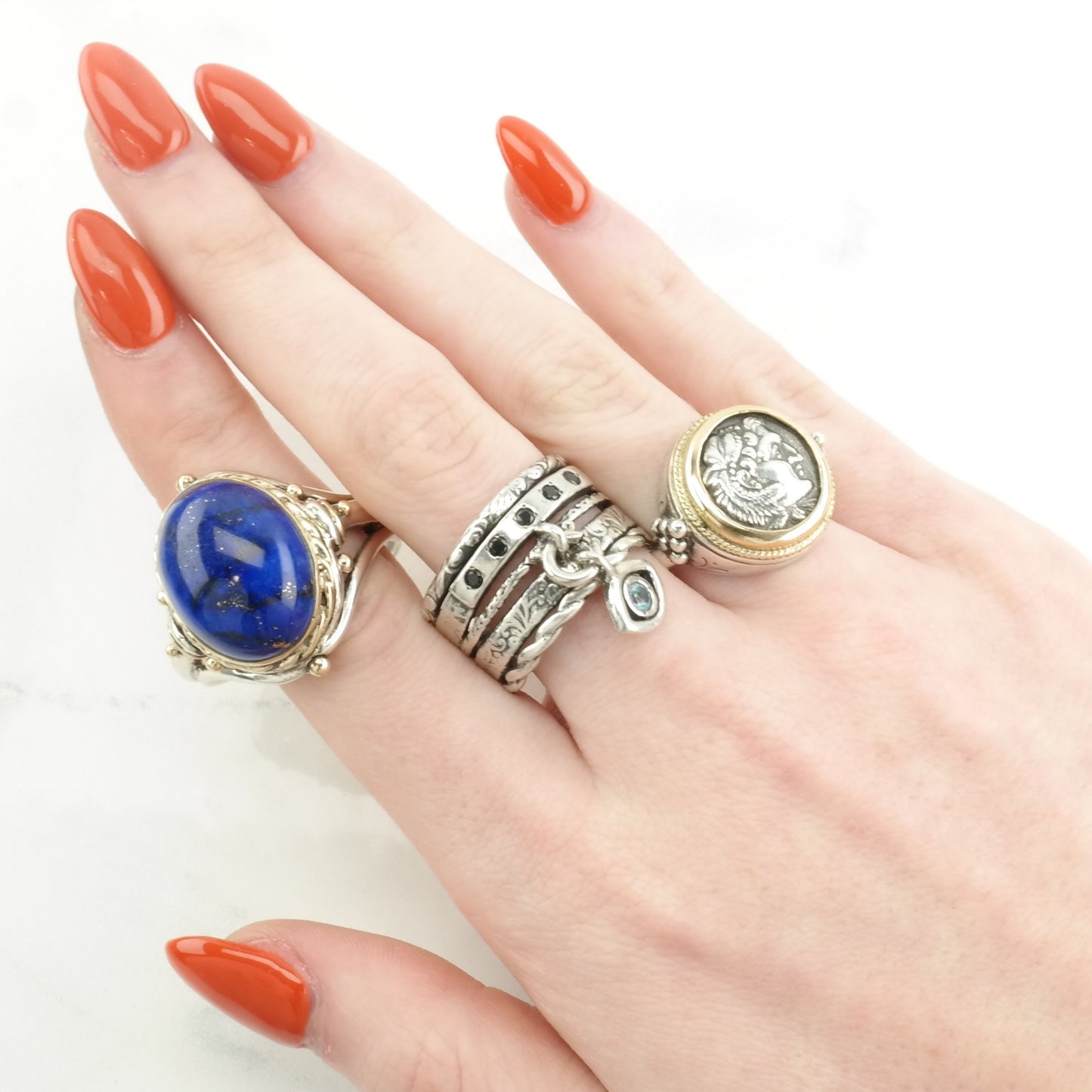 Vintage Israel Silver Ring Topaz, Evil Eye Removeable Hanging Charm Sterling Blue Size 9 1/4