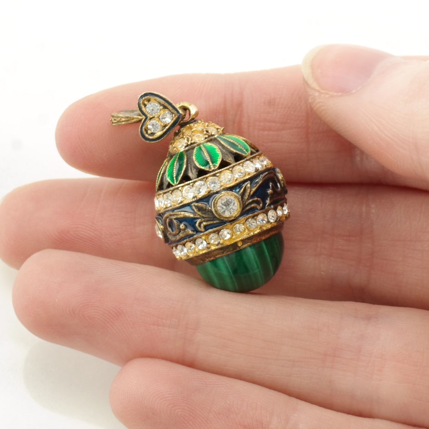 Rhinestone, Malachite Enamel, Egg Sterling Silver Pendant P2339