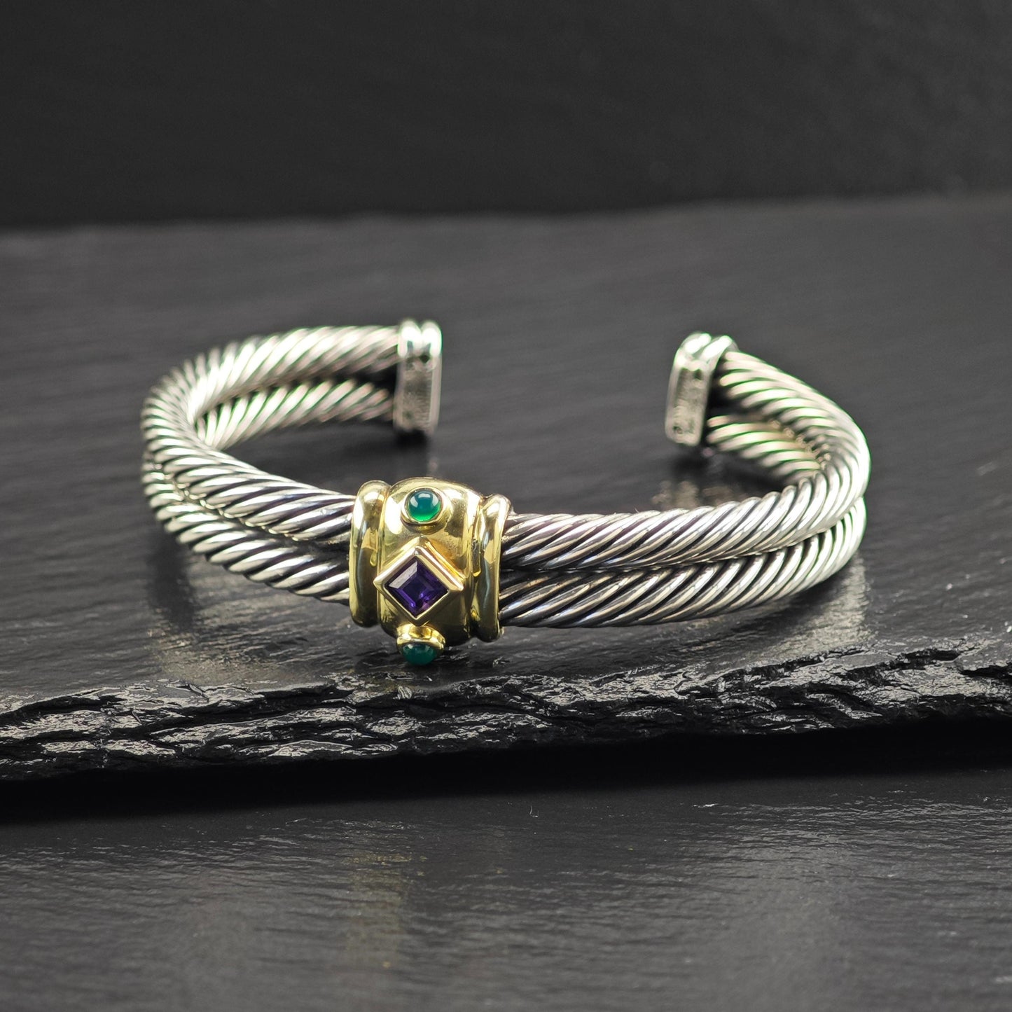 David Yurman Renaissance Cuff Bracelet 10mm 14K Gold Accent Sterling Silver Amethyst