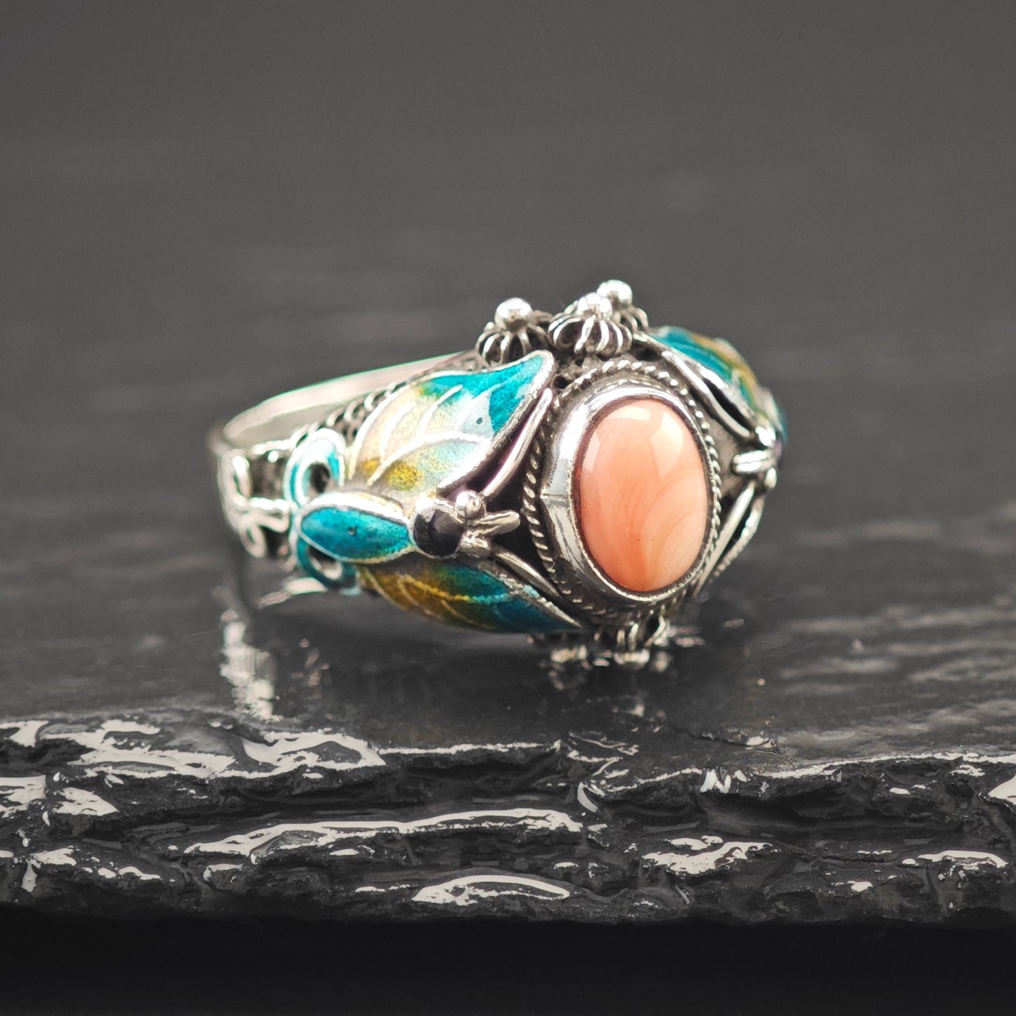 Chinese Export Enamel Conch Butterfly Ring Sterling Silver