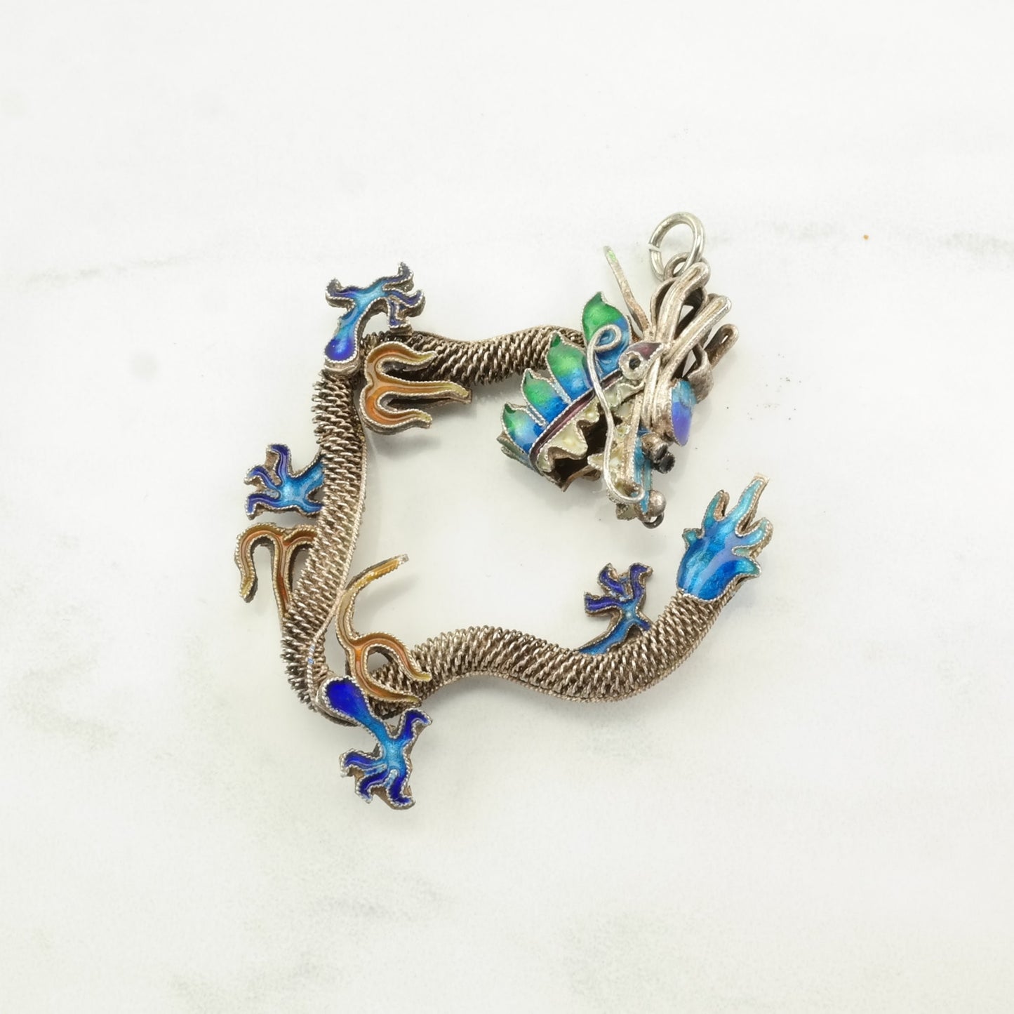 Vintage Chinese Export Enamel Dragon Sterling Silver Pendant