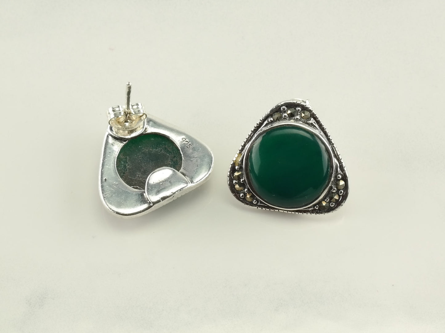 Modernist Green Chrysoprase Marcasite Triangle Earrings Sterling Silver