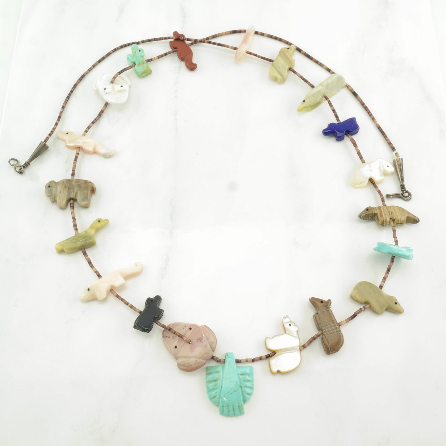 Vintage Southwest Sterling Silver Turquoise, MOP, Lapis Lazuli Animal, Heishi Necklace