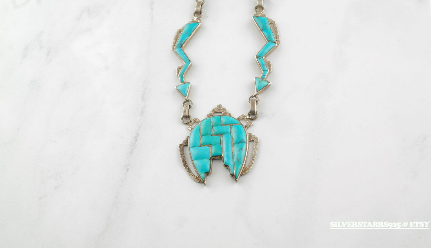 Native American Inlay Necklace Sterling Silver Blue Turquoise Coral