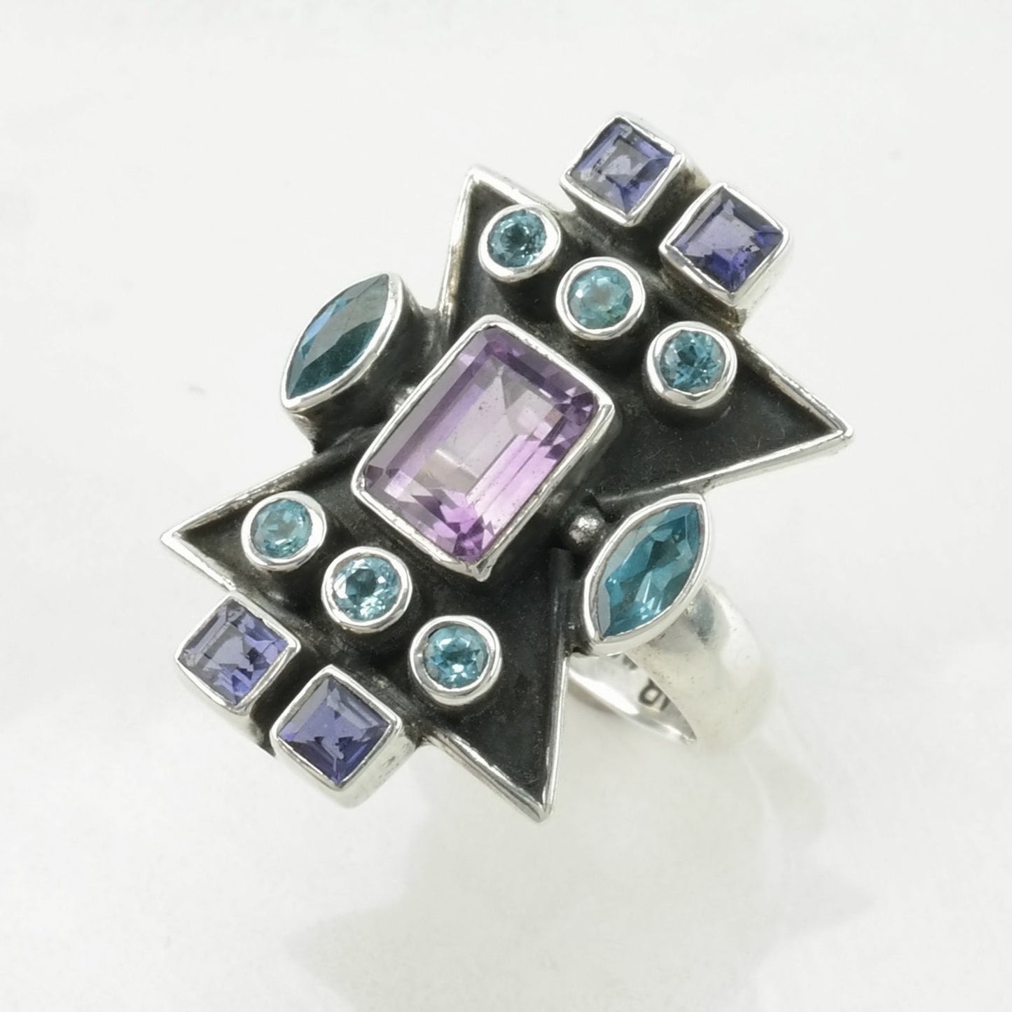 Vintage Nicky Butler Silver Ring Amethyst, Topaz Cluster, Geometric Sterling Blue, Purple Size 7