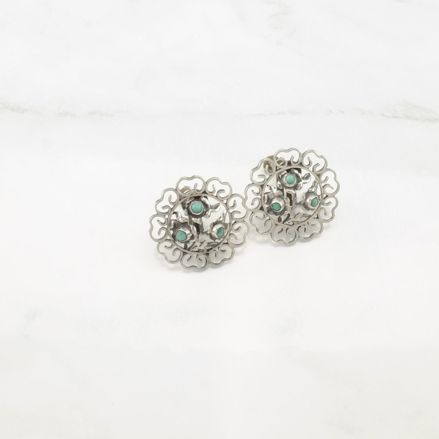Vintage Mexico Green Faux Turquoise Floral, Filigree Screw Back Earrings Sterling Silver