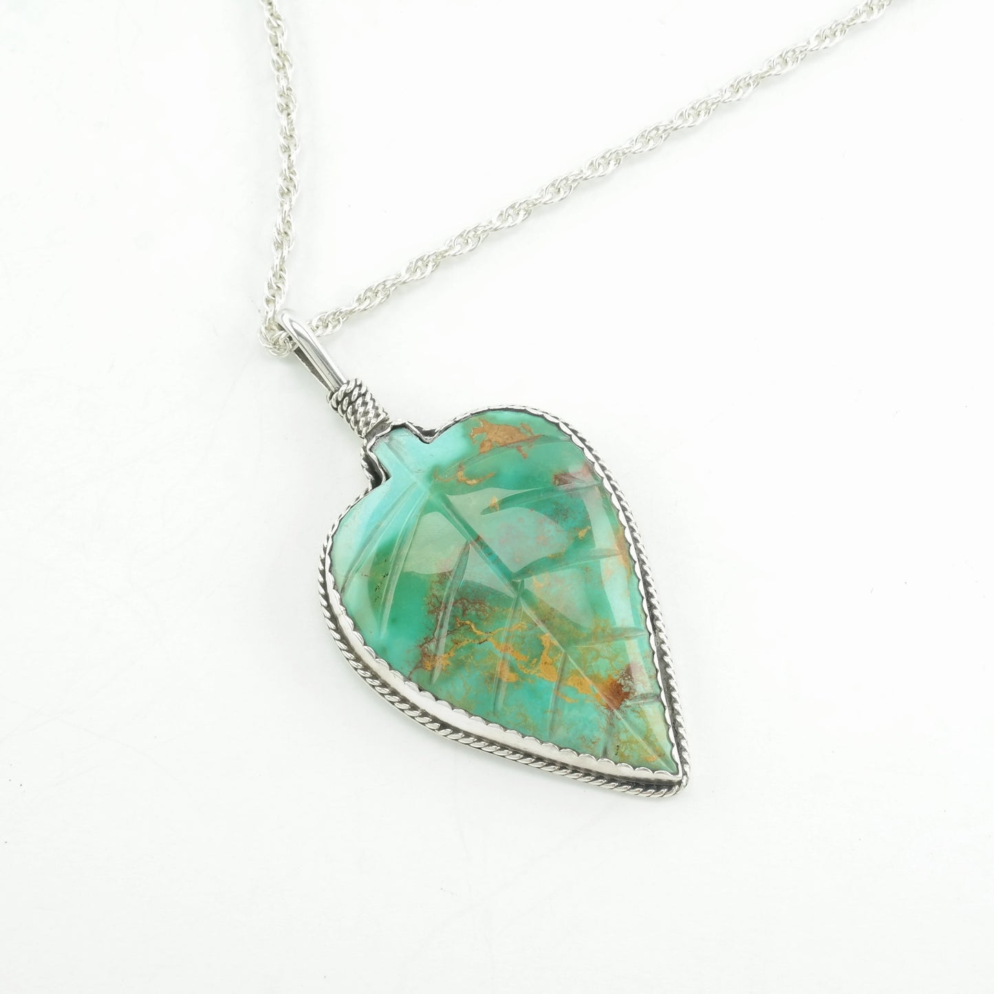Carved Turquoise Leaf Native American Necklace Sterling Silver Royston