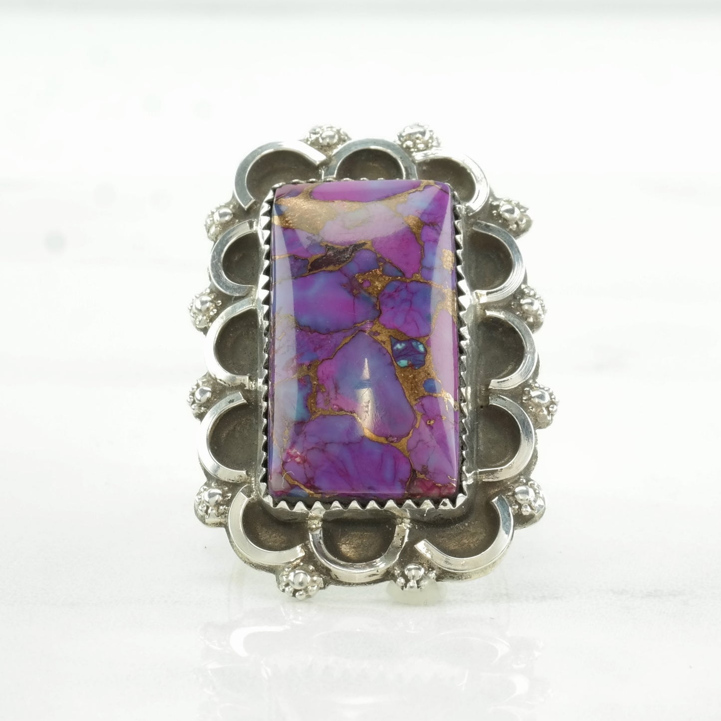Vintage Southwest Silver Ring Purple Copper Dyed Turquoise Scallop Sterling Size 8