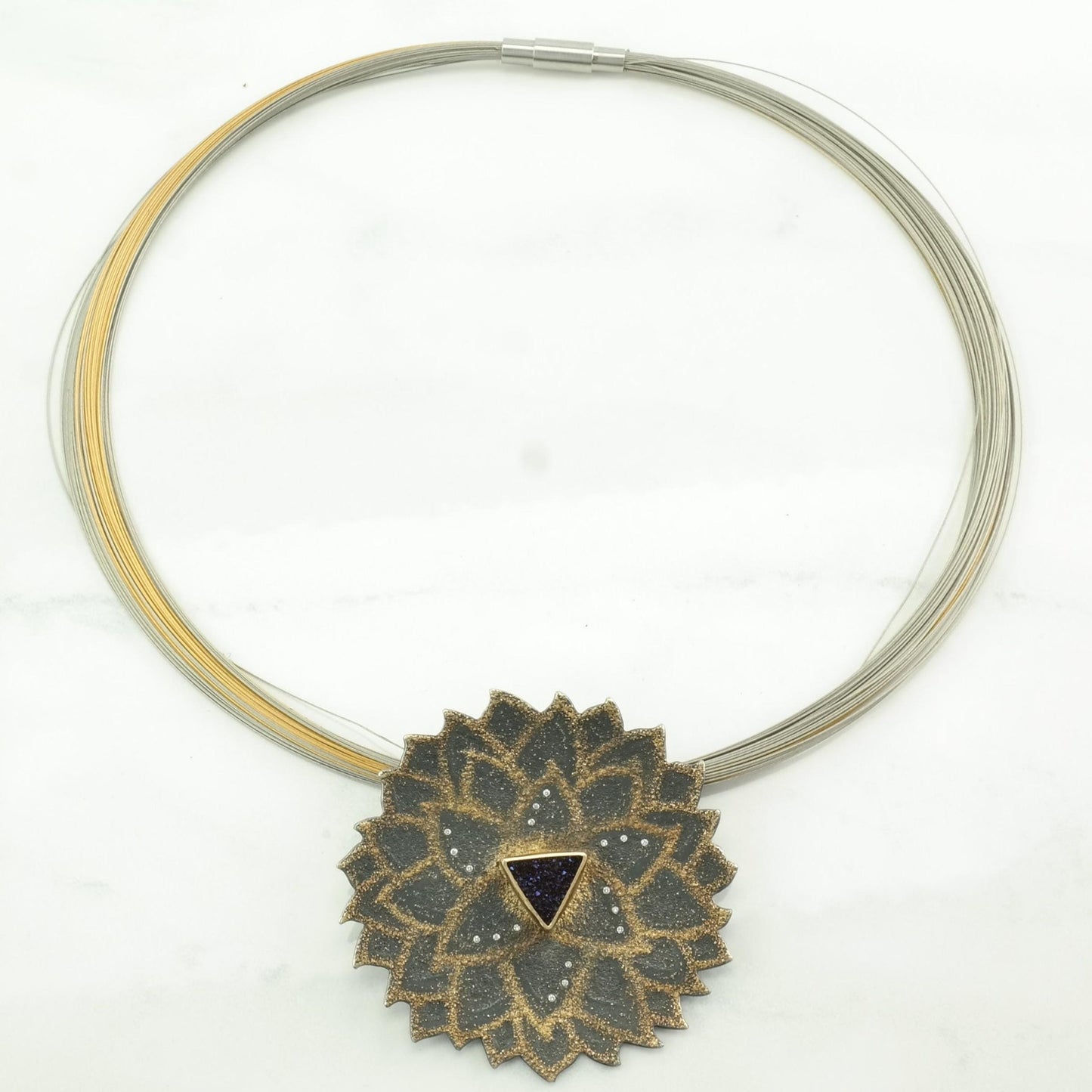 Vintage Designer Sterling Silver Druzy Quartz, Diamonds 24K Accents Necklace