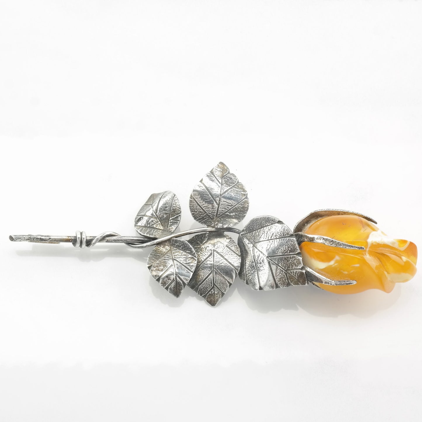 European Sterling Silver Brooch Rose, Floral Butterscotch Amber