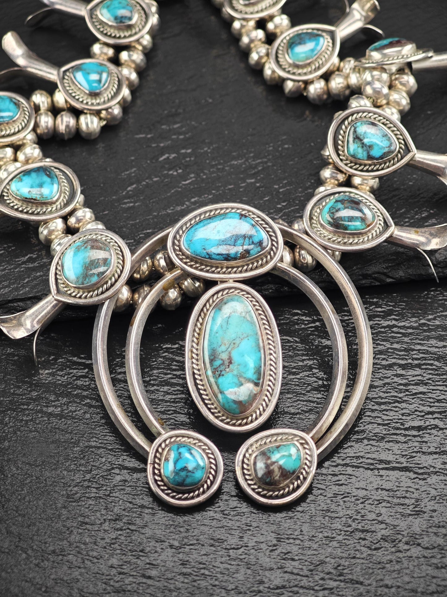 Native American Blue Smokey Bisbee, Large Squash Blossom Necklace Sterling Silver
