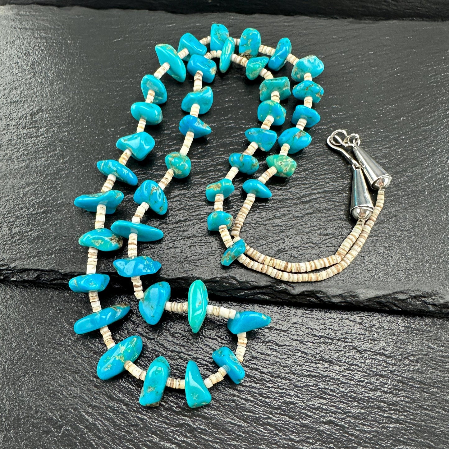 Sterling Silver Heishi Necklace with Blue Turquoise N2574