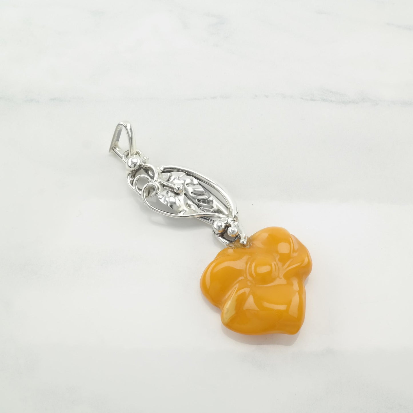 Vintage Butterscotch Amber Flower Pendant European Sterling Silver