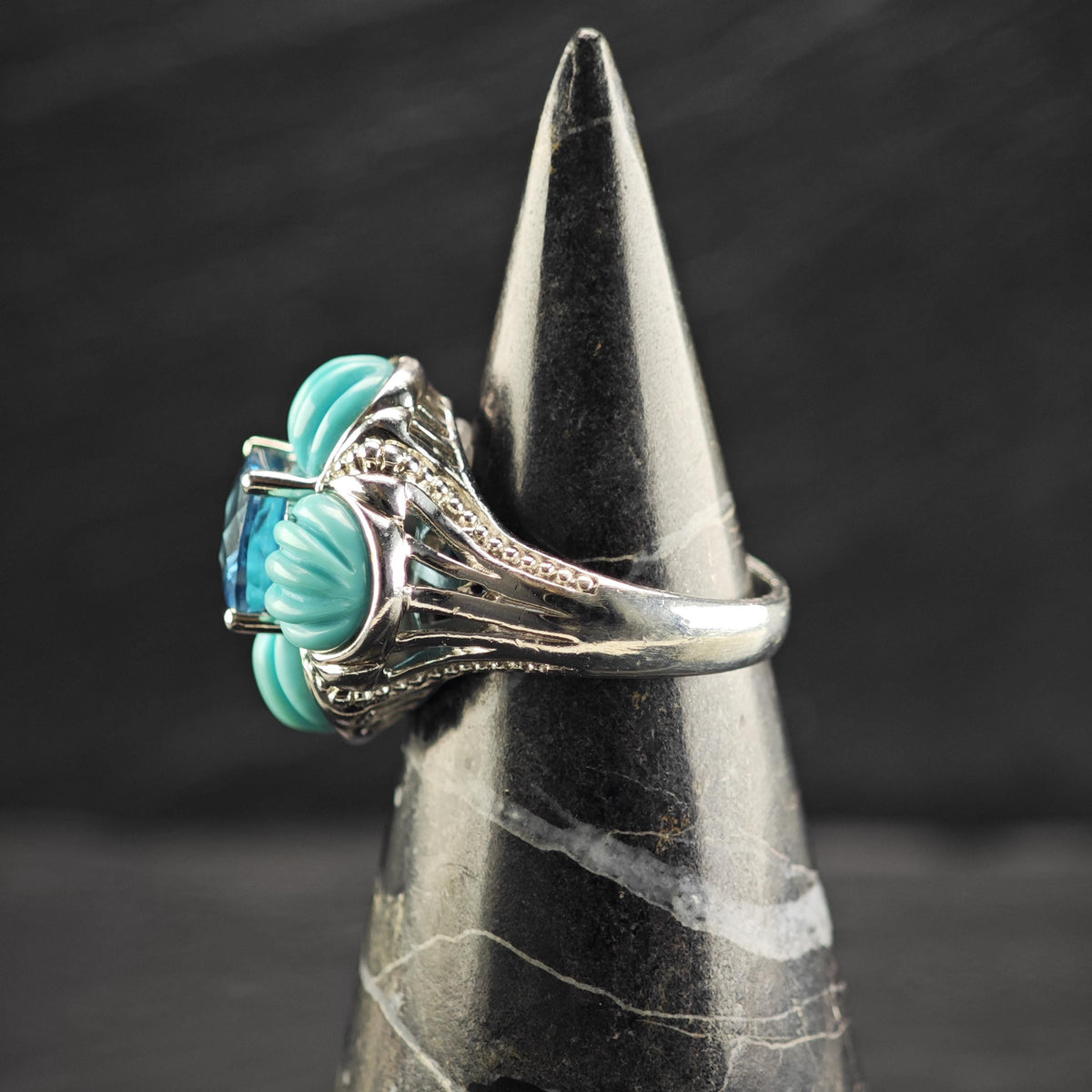 Topaz & Block Turquoise Sterling Silver Flower Ring Sz 6 R6814