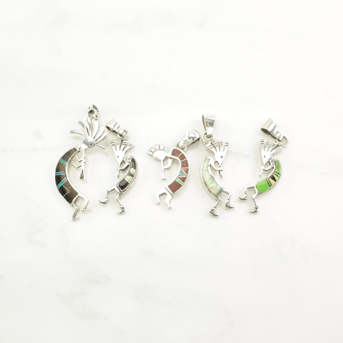 Choice of Vintage Turquoise, Opal, Onyx Kokopelli Sterling Silver Pendants P2358