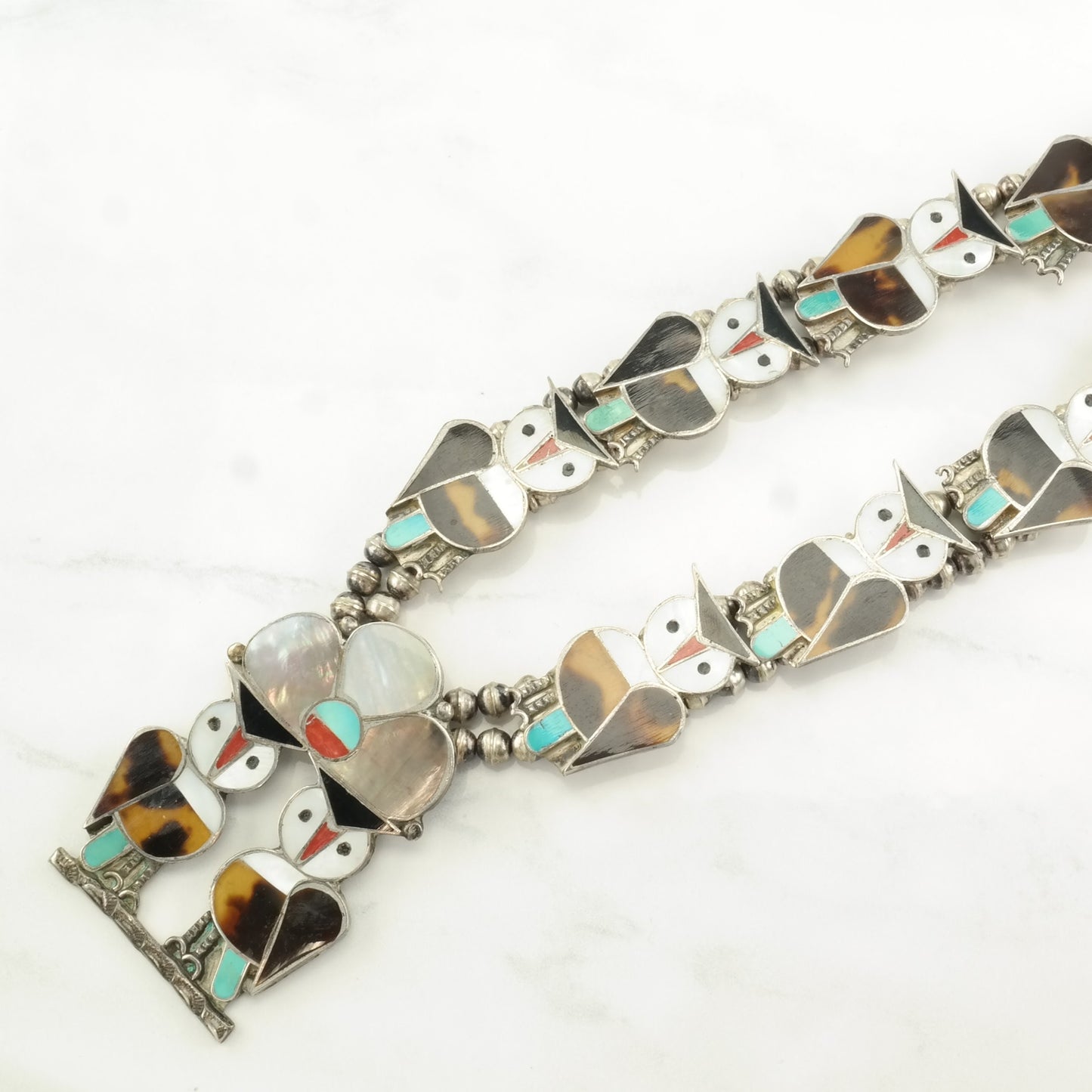 Zuni Owl Inlay Squash Blossom Native American Sterling Silver Necklace