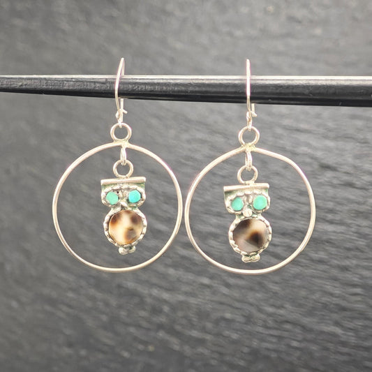 Zuni Inlay Hoop Earrings - Vintage Owl Design Sterling Silver