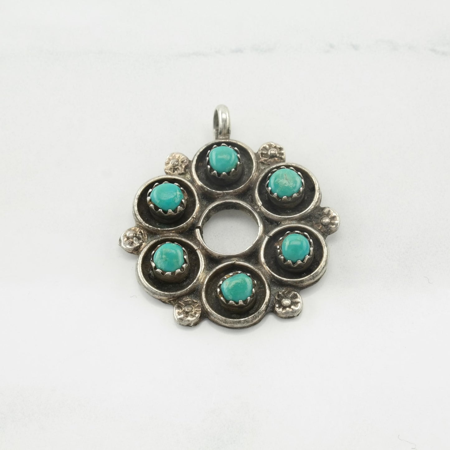 Vintage Native American Turquoise Pendant Floral Sterling Silver