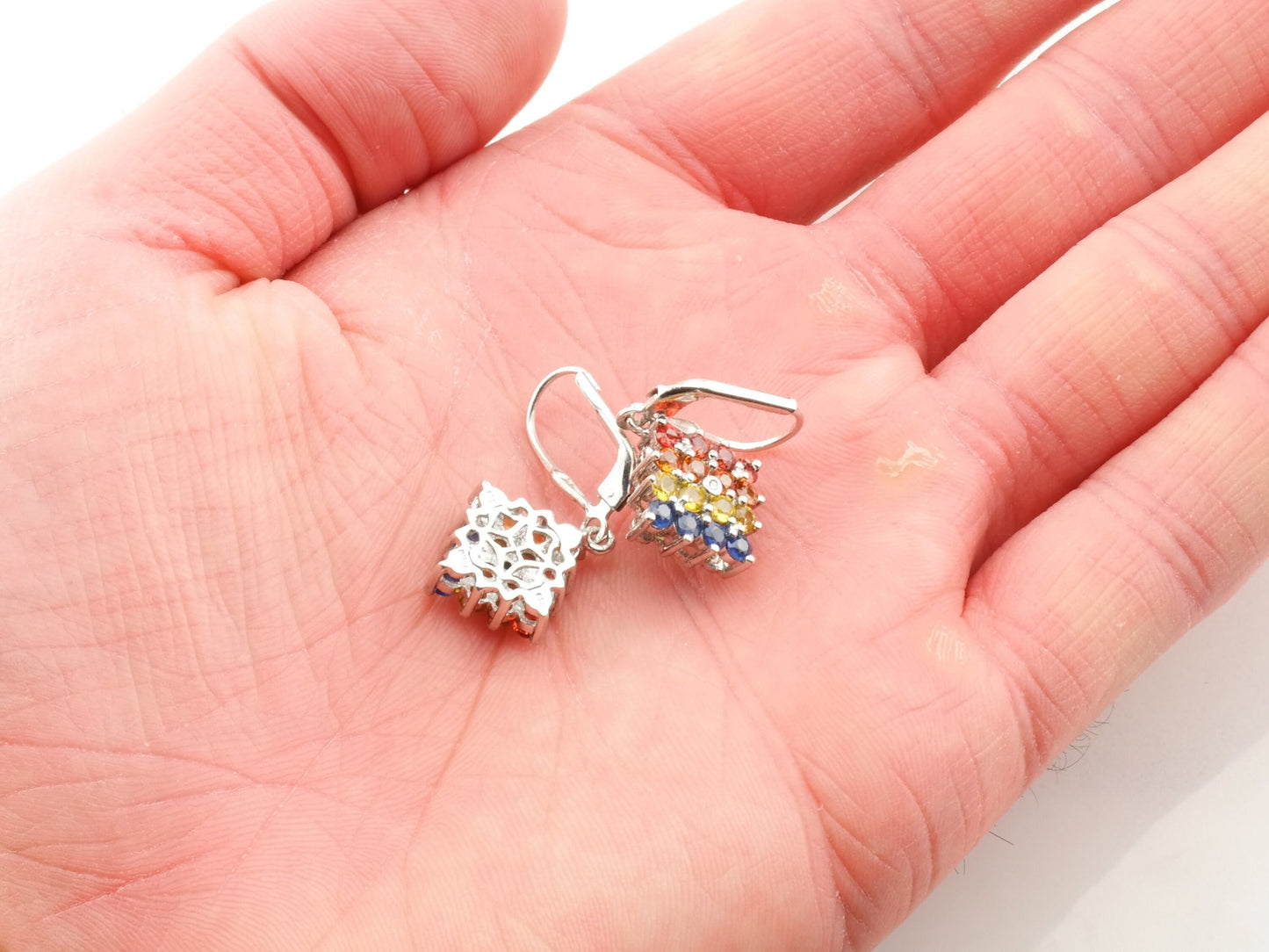 Sterling Silver Blue, Yellow, Orange, Red Sapphire, Diamond Earrings