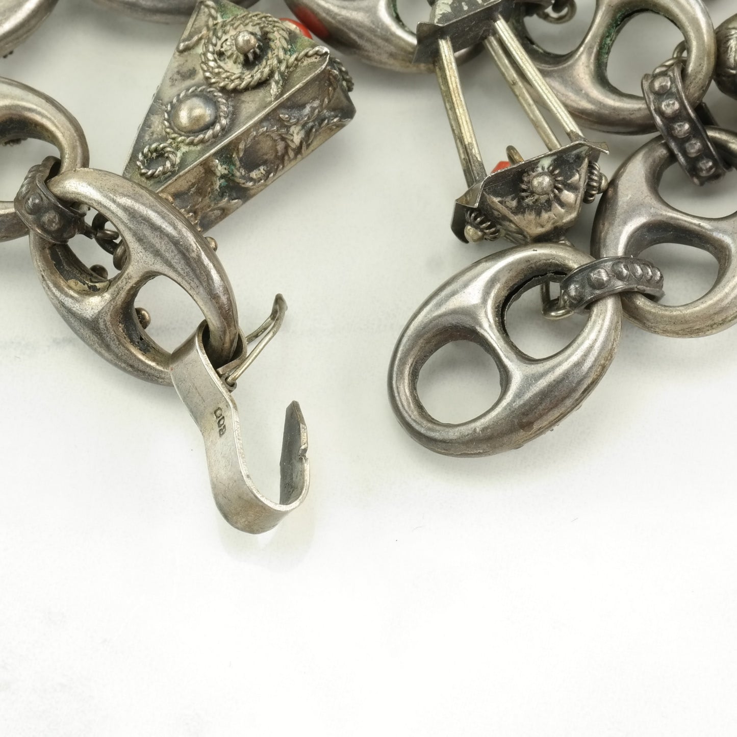 Etruscan Revival Sterling Silver Charm Bracelet Faux Turquoise, Coral, Carnelian