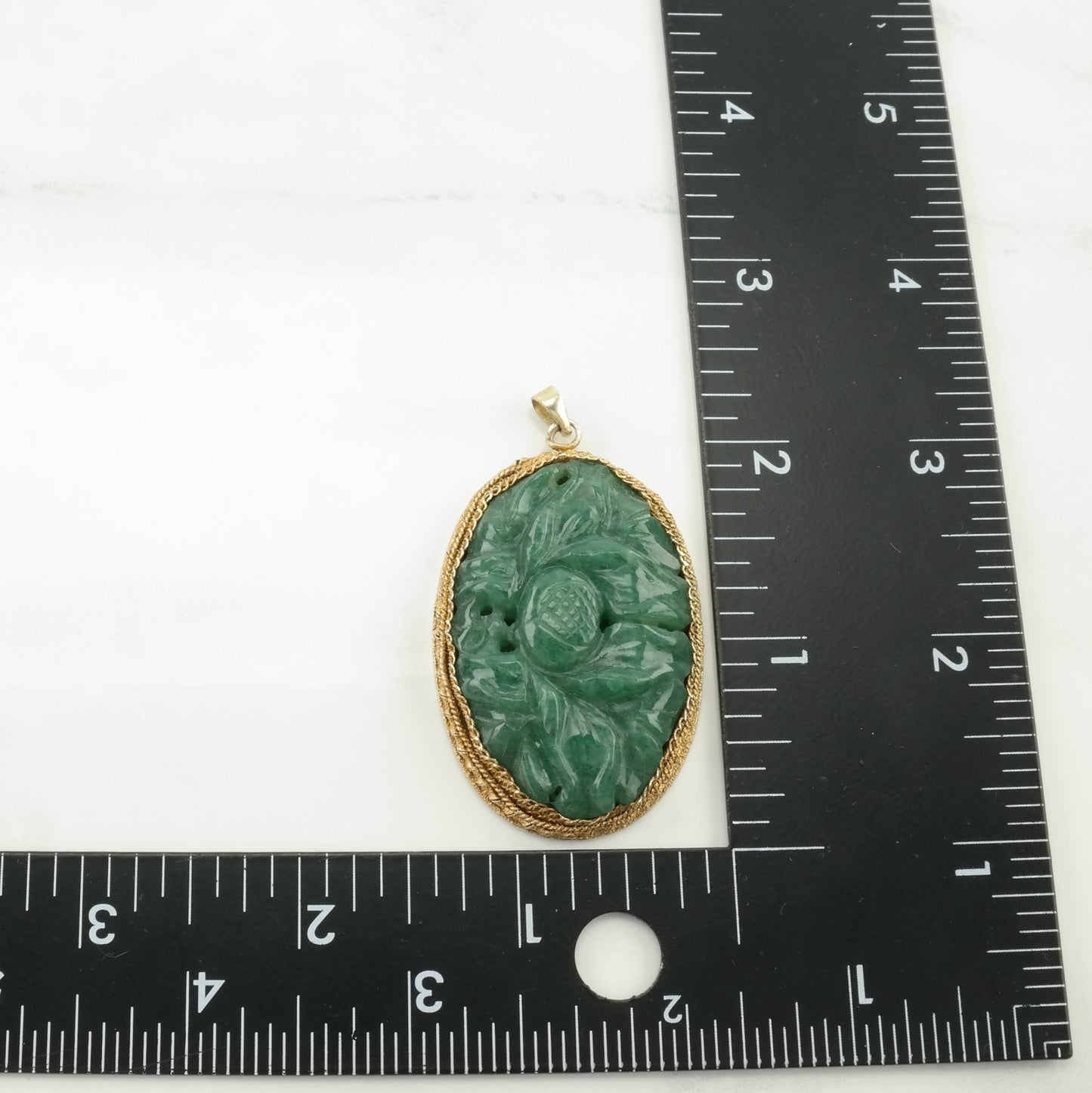 Vintage Chinese Export Jade, Quartzite Carved Flowers, Gold Gilded Sterling Silver Pendant