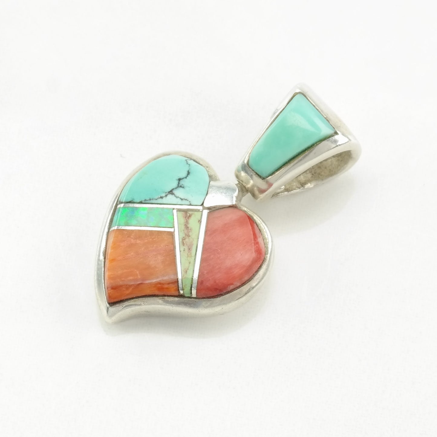 Vintage Enamel, Gemstone Inlay Heart Sterling Silver Pendant
