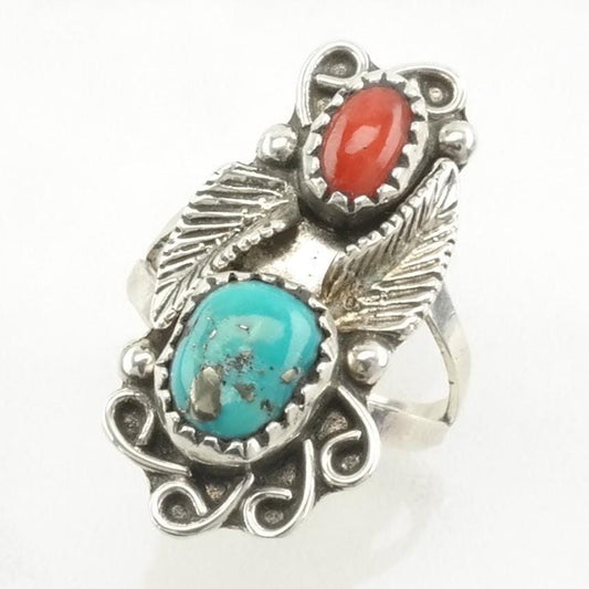 Vintage Native American Silver Ring Turquoise, Coral Leaf Sterling Blue, Red Size 6 3/4