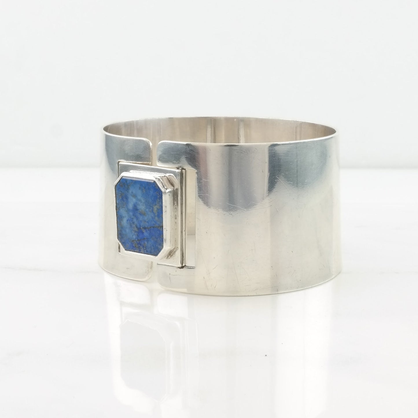 Vintage Sweden Sterling Silver Bangle Bracelet Blue Lapis Lazuli Wide, Modernist