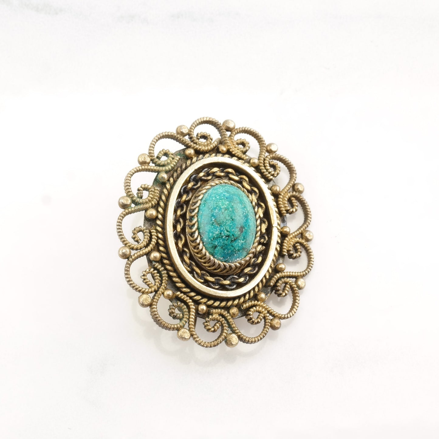 Israel Sterling Silver Brooch Pendant Filigree Gold Filled Cabochon