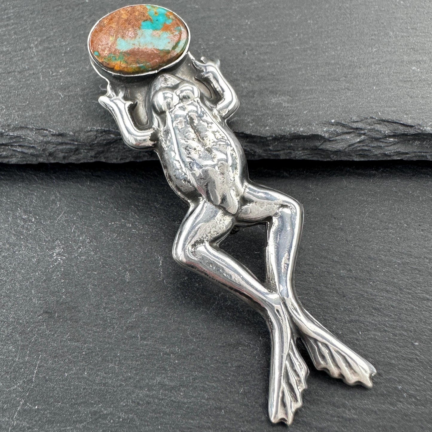 Vintage Turquoise, Frog Brooch Sterling Silver